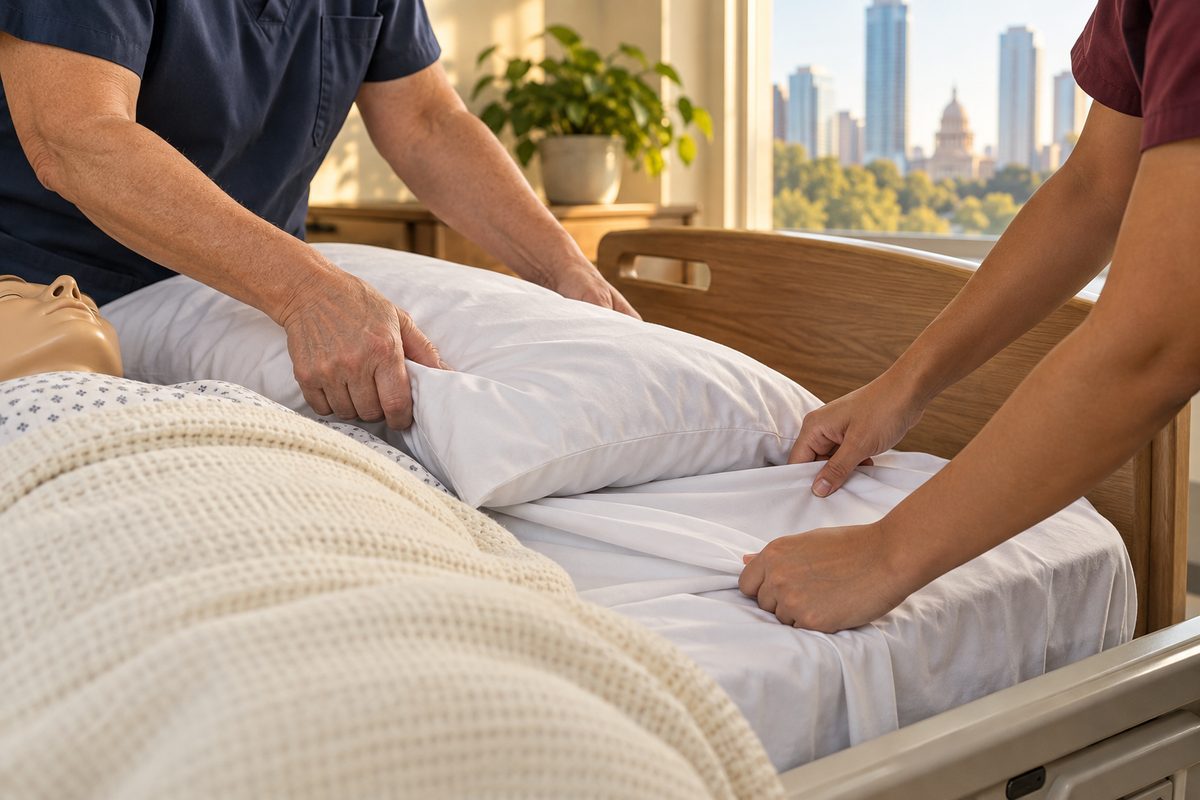 An instructor guiding a participant's hands on a training bed during the caregiver skills course
