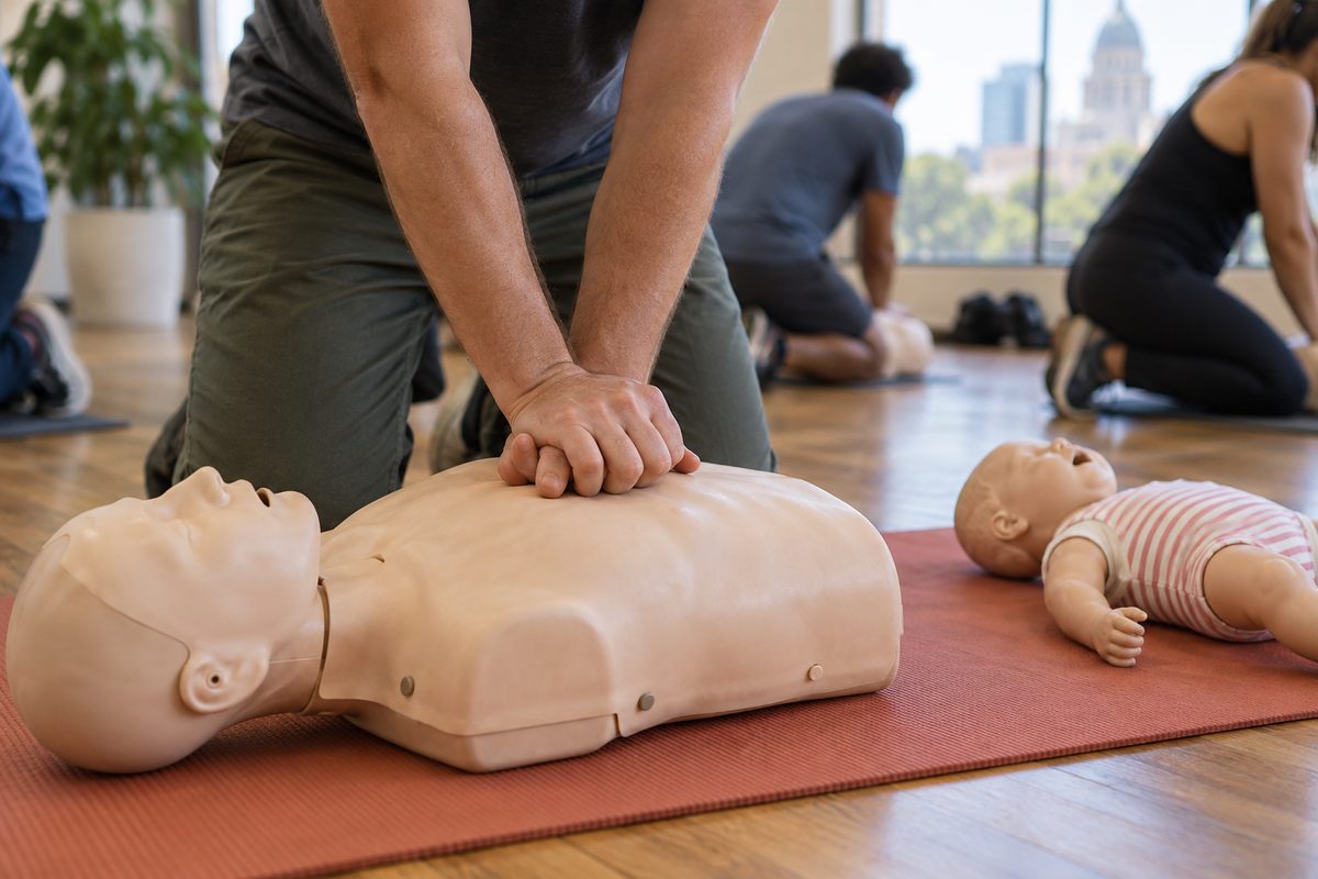 A participant practicing hand position on an adult manikin in the Northwell CPR and first aid course