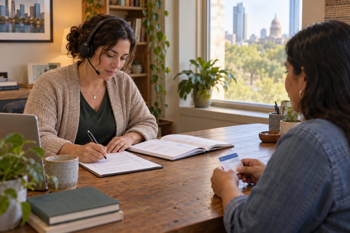 A Northwell guide going through a visit checklist with a visitor at a wooden table