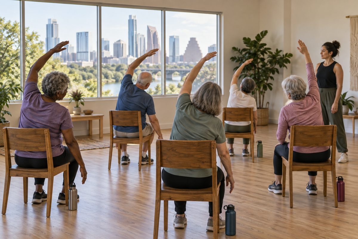 Older adults doing a slow seated arm exercise with an instructor watching in the Northwell studio