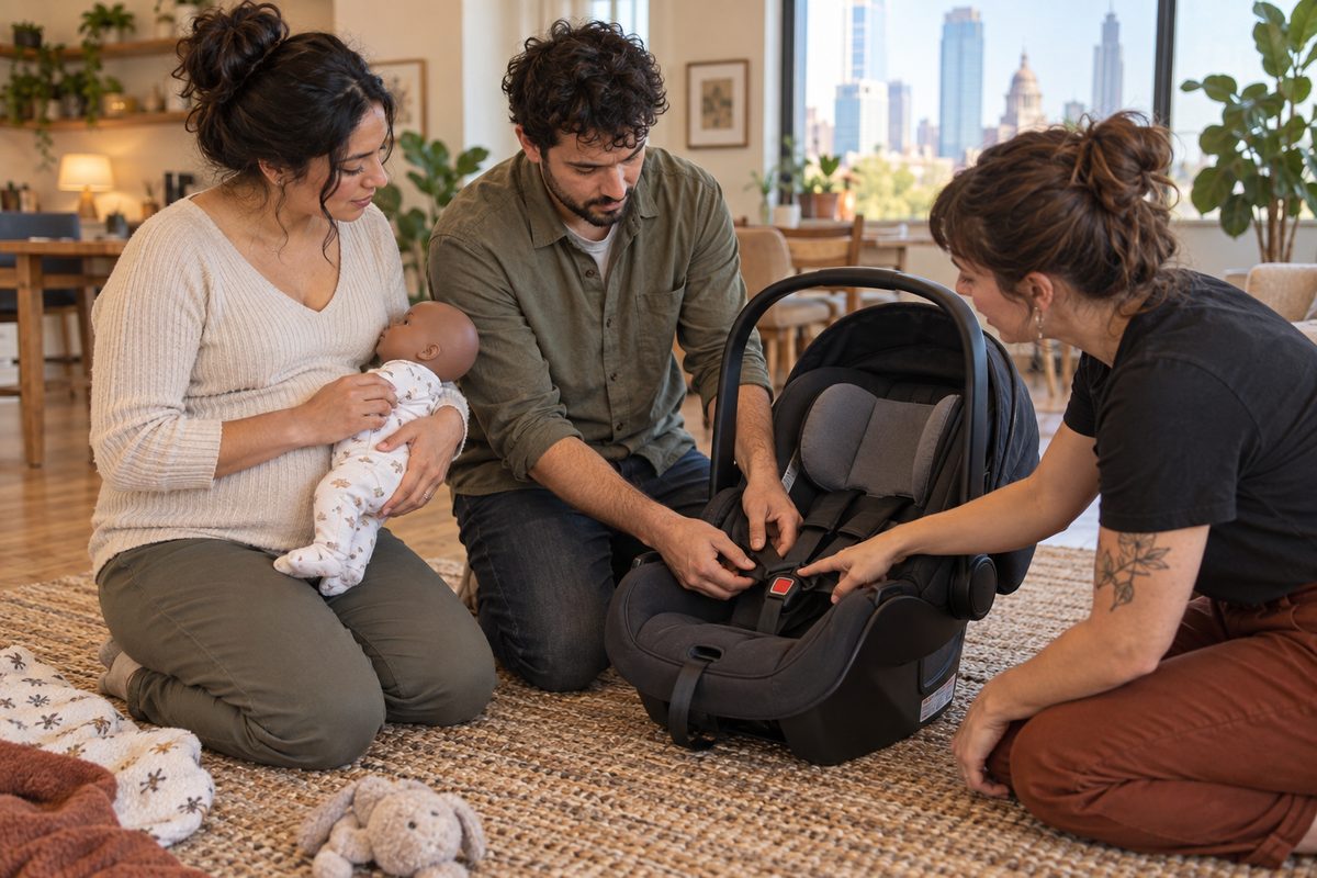 Expectant parents practicing a car-seat harness with a training doll during a Northwell class