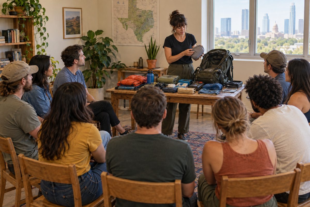 An instructor showing an overnight bag packing list to a small group in the Northwell classroom