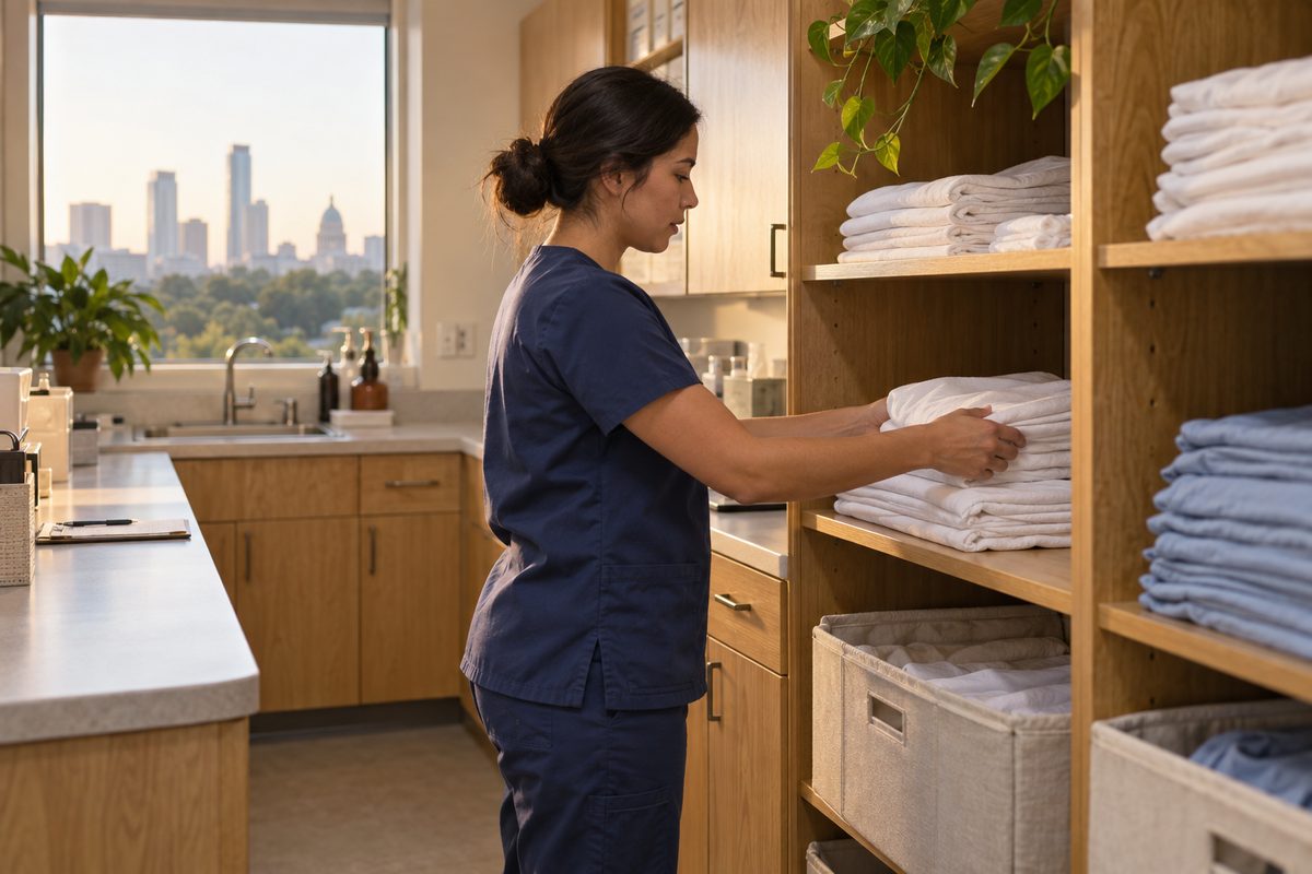 A Northwell staff member folding clean linen in the preparation room before the first class